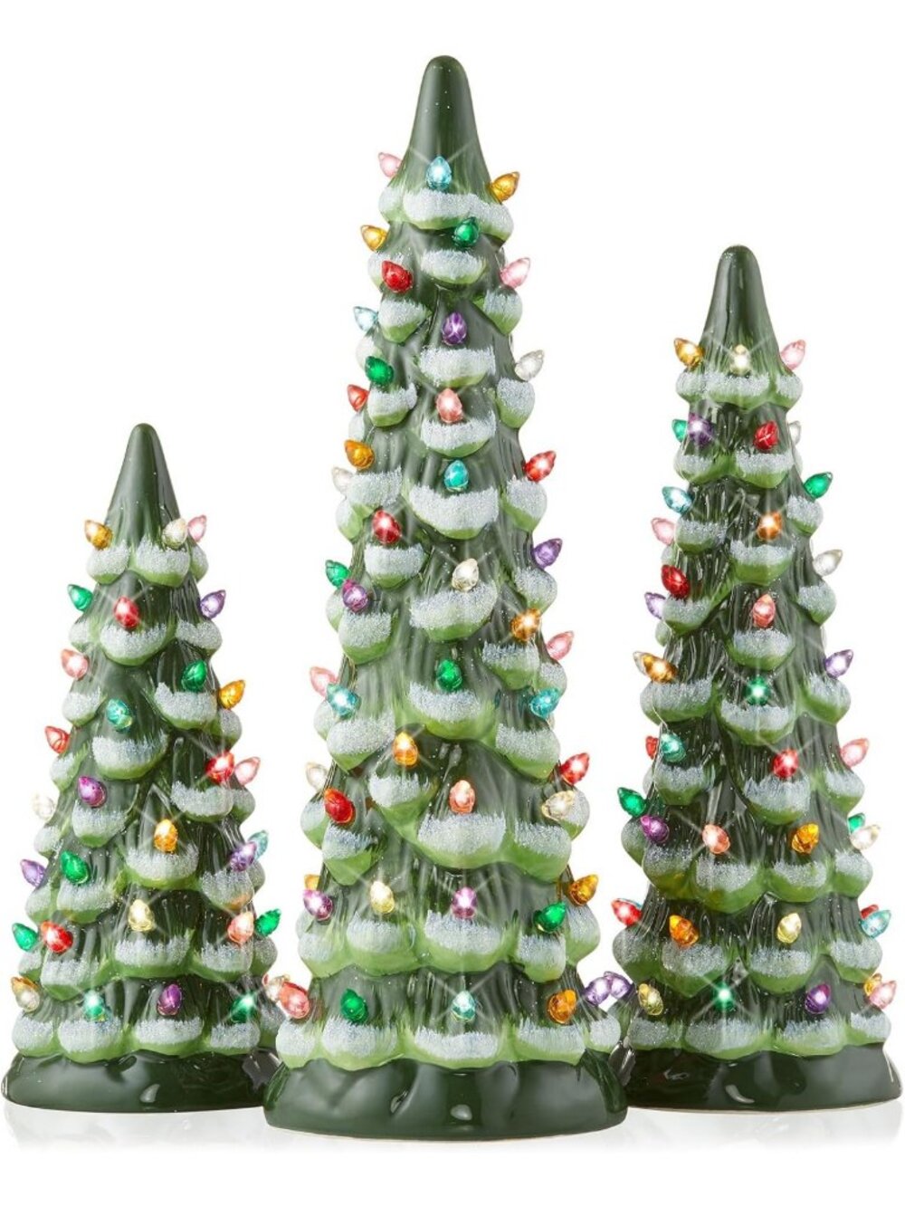 Hand-Painted Ceramic Christmas Tree Set - Pre-Lit Green Snow Flocked Decor, 8-12